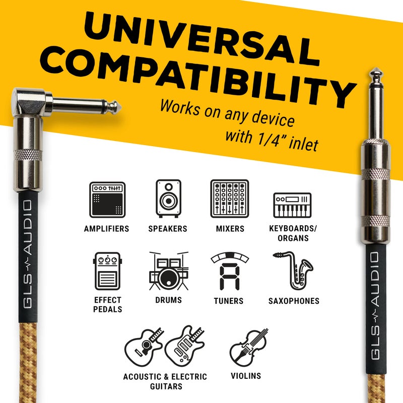GLS Audio Instrument Cable - Amp Cord for Bass & Electric Guitar - Straight to Right Angle 1/4 Inch - Brown/Yellow Braided Tweed - 6ft Electric Guitar Cable - Image 3